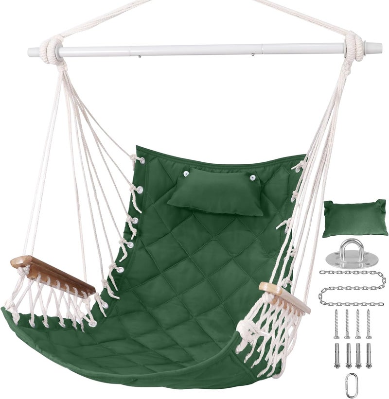 ROOITY Hammock Chair Hanging Swing with Wooden Armrests;Steel Spreader Bar,Pillows,Hardware kit Included;Cotton Woven ;Up to 350 Lbs,for Indoor Outdoor Green - Image 1